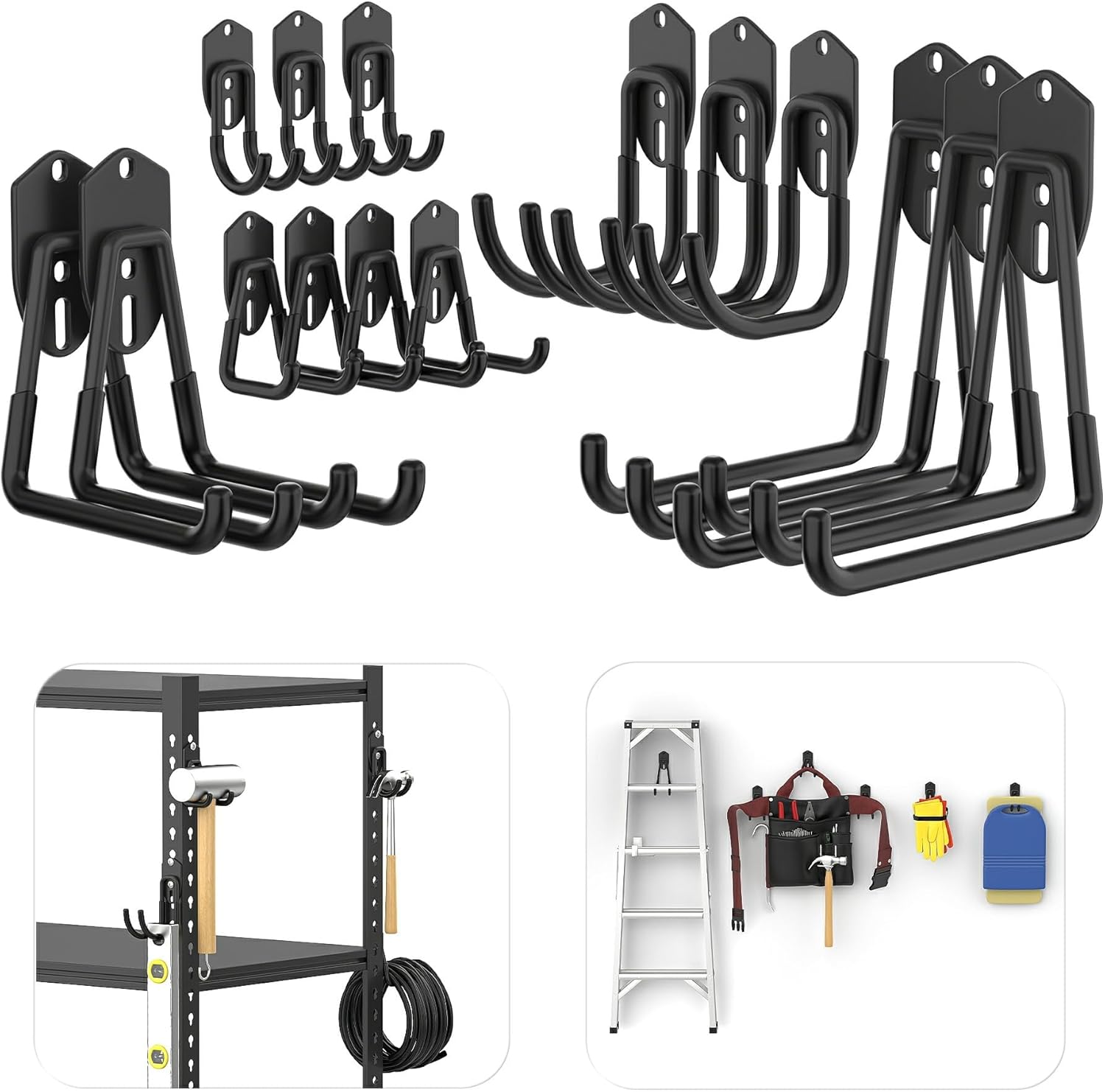 TORACK Garage Storage System Hooks - 15 PCS Wall Mount Utility Hooks for Tools, Ladders & More | Black