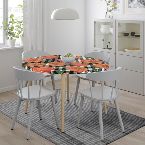 Fiokroo Autumn Pumpkins Checkerboard Tablecloth with Elastic Edge, Round Table Cloth Happy Thanksgiving Washable Reusable Table Cover for Kitchen Dining Party Picnic, Medium