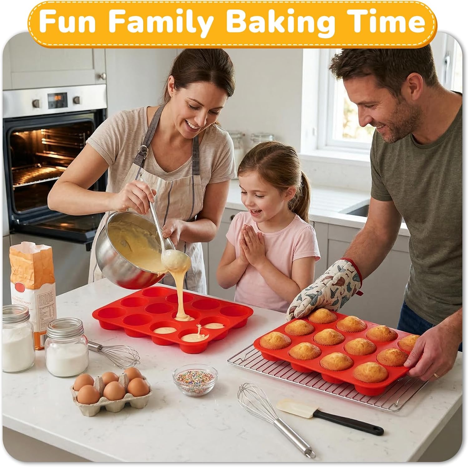 Skiennix Silicone Cupcake Pan - Nonstick 12-Cup Muffin Pans | Durable & Flexible, Easy to Clean, Red
