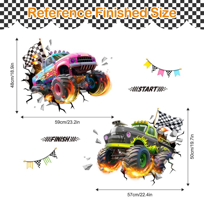 Tanlaby 3D Racing Car Wall Decals Monster Truck Break Through Wall Sticker Peel and Stick Decal for Baby Boys Kids Bedroom Nursery Playroom Decor