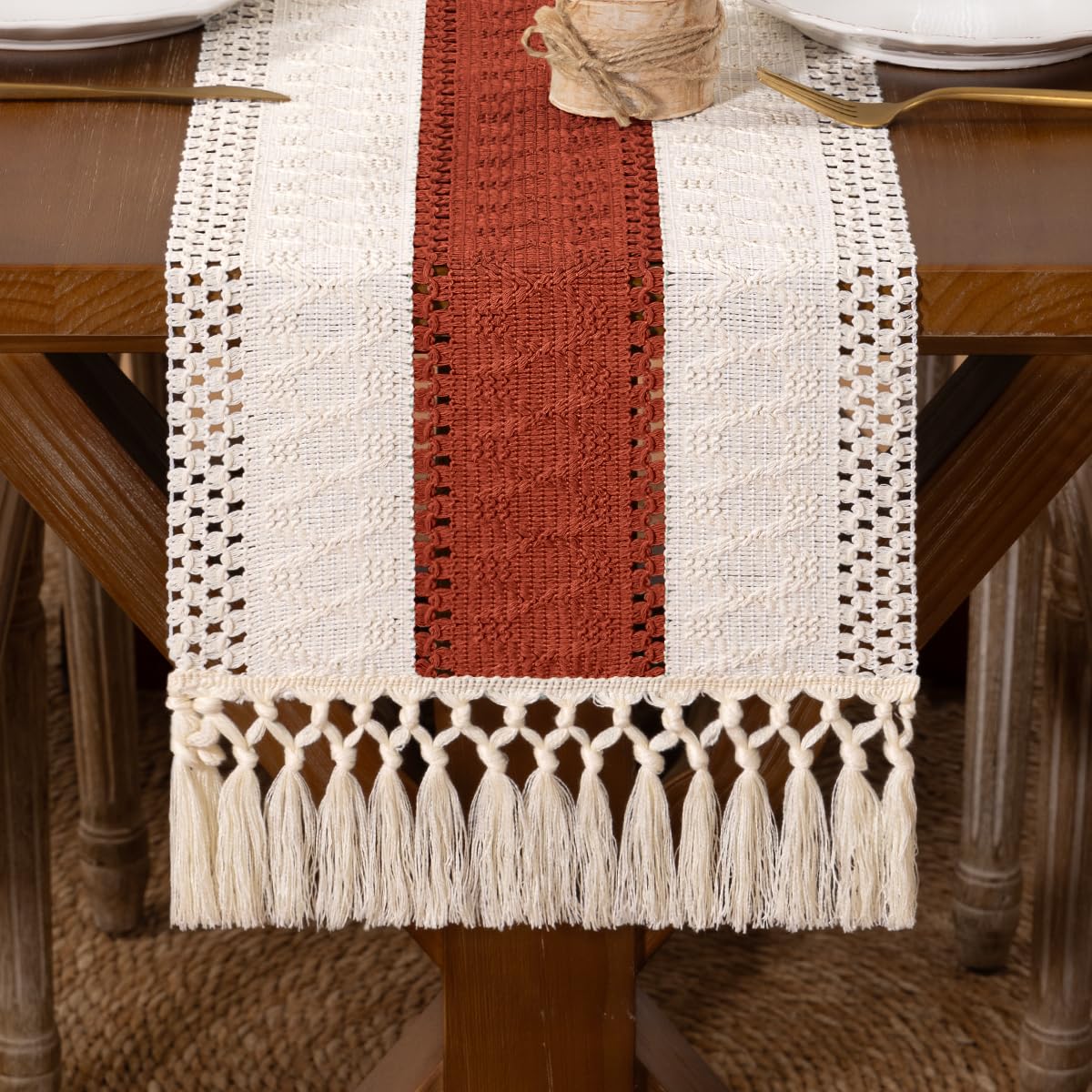 DeZerlor Boho Macrame Table Runner Terracotta Spring Easter Farmhouse Woven Table Runner with Tassels 90 Inches Ivory& Rust Cotton Linen Kitchen Table Decor for Dining Dresser Home Tea Table Decor