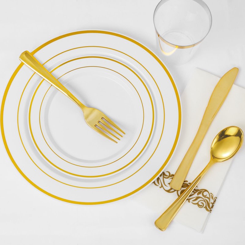 Supernal 800pcs Gold Glitter Dinnerware Set, Plastic Plate Set for 100 Guests,Dinnerware Set of 200 Gold Glitter Plastic Plates,200 Forks 100 Knives,100 Spoons,100 Cups,100 Paper Napkins for Party.