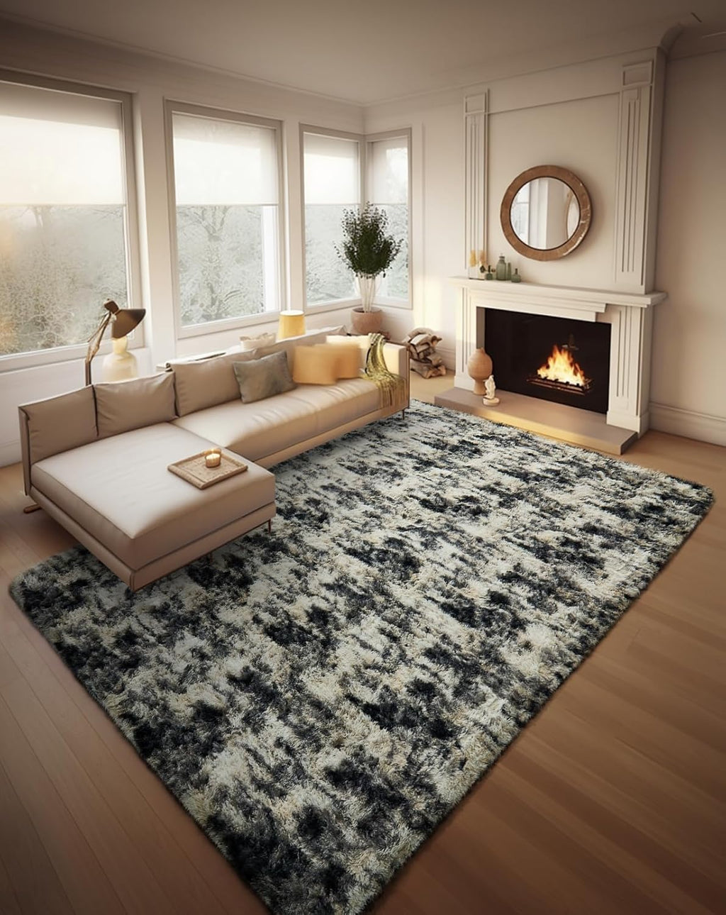 Ophanie Area Rugs - Black Gold & Grey Fluffy Shag Carpet for Living Room | 8x10 Soft Plush Design
