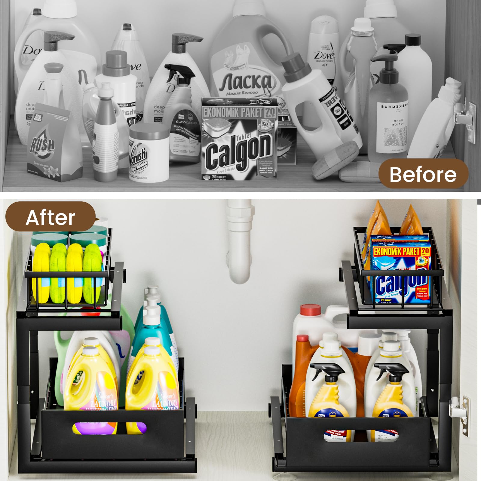 necvha Under Sink Organizer, 2 Tier Pull Out Cabinet Storage, Slide Out Storage Shelves, Height Adjustable Kitchen Cabinet Organizers for Under Sink Storage -2 Pack, Black