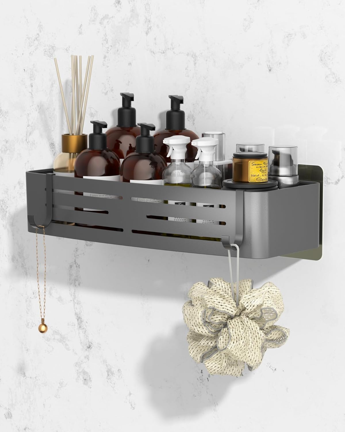 Onemake Shower Caddy - Rustproof Aluminum Shower Shelf with Removable Hooks | No Drill, Grey