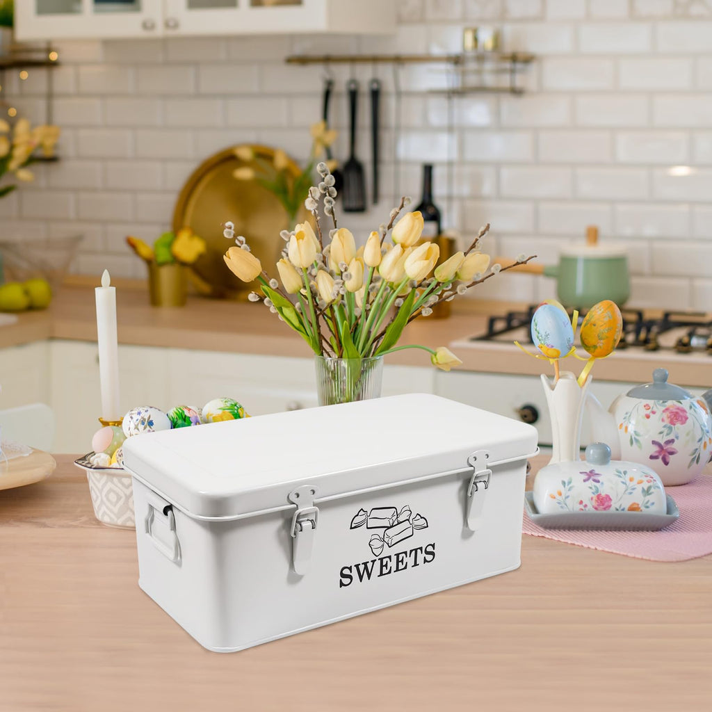 Gzsekken Candy Jar Candy Container for Kitchen Counter, Metal Vintage Candy Dish with 4 Compartments and Hinged Lid Lockable Clips Kitchen Canister for Snack Cookies & Dessert,7L,White