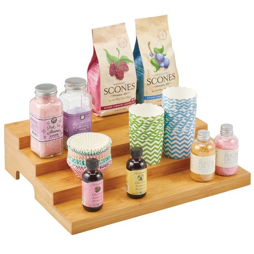 mDesign Bamboo Spice and Food Kitchen Cabinet Pantry Shelf Organizer - 4-Tier Storage - Modern Compact Caddy Rack - Holds Spices/Herb Bottles, Jars - for Shelves, Cupboards, Refrigerator - Clear