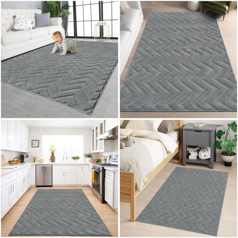 SHACOS Soft Fluffy Chevron Area Rugs 4'x5'3" Non Slip Washable High-Low Pile Textured Modern Geometric Wave Floor Rug Carpet for Living Room Bedroom Dining Room, Grey