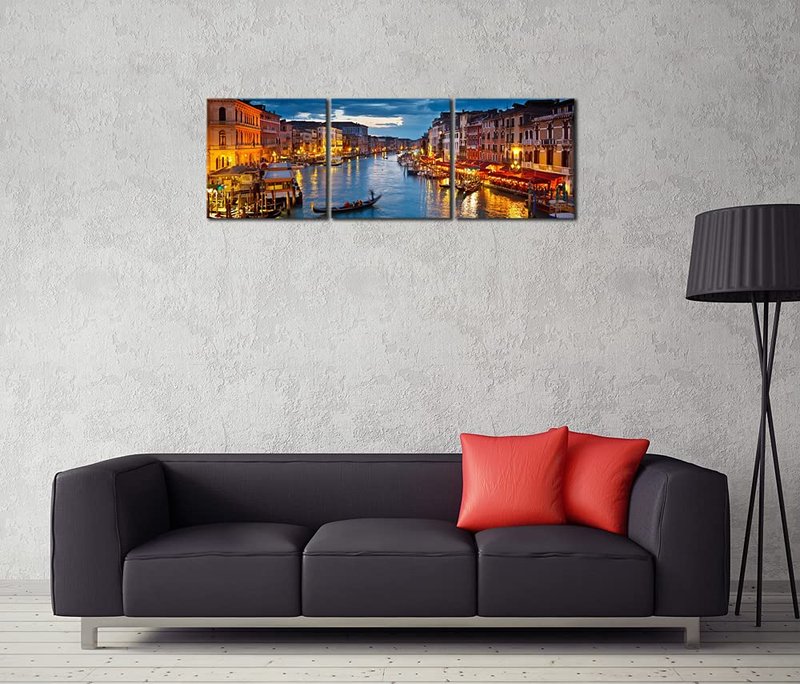 Wieco Art Venice Night 3 Piece Giclee Canvas Prints Wall Art Italy City Skyline Landscape Picture Paintings for Living Room Bedroom Home Decorations Modern Stretched and Framed Cityscape Artwork