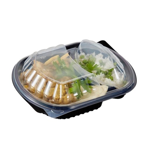 Restaurantware-Chef 101 28 Ounce Meal Prep Containers, 100 Microwavable To Go Containers With Lids - 2 Compartments, Disposable, Black Plastic Oval Food Containers, For Hot And Cold Food, Freezable
