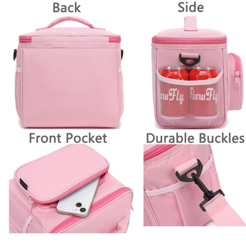 FlowFly Insulated Reusable Lunch Bag Adult Large Lunch Box for Women and Men with Adjustable Shoulder Strap,Front Zipper Pocket and Dual Large Mesh Side Pockets,Pink