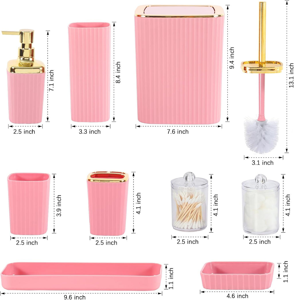 Skiennix 9-Piece Pink Bathroom Accessory Set - Stylish Trash Can, Toothbrush Holder & More