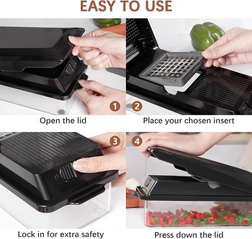 LHS Professional Vegetable Chopper - 7-in-1 Food Chopper with Storage Containers & Mandoline Slicer | Black