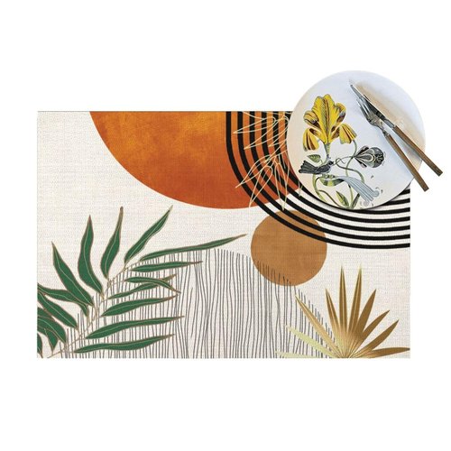 Mid Century Placemats 12x18 Inches Set of 4, Modern Boho Green Orange Tropical Leaf Decorative Rectangle Table Mats for Party, Home Kitchen,Dining Table Decoration
