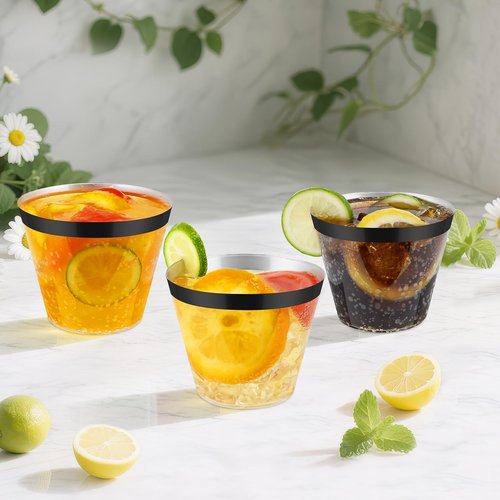 pyntop 100pcs Black and Clear Plastic Cups, 9oz Plastic Cups Black Rimmed Disposable Cocktail Glasses Fancy Disposable Cup Drinking Tumblers Shot Cup for Wedding Party