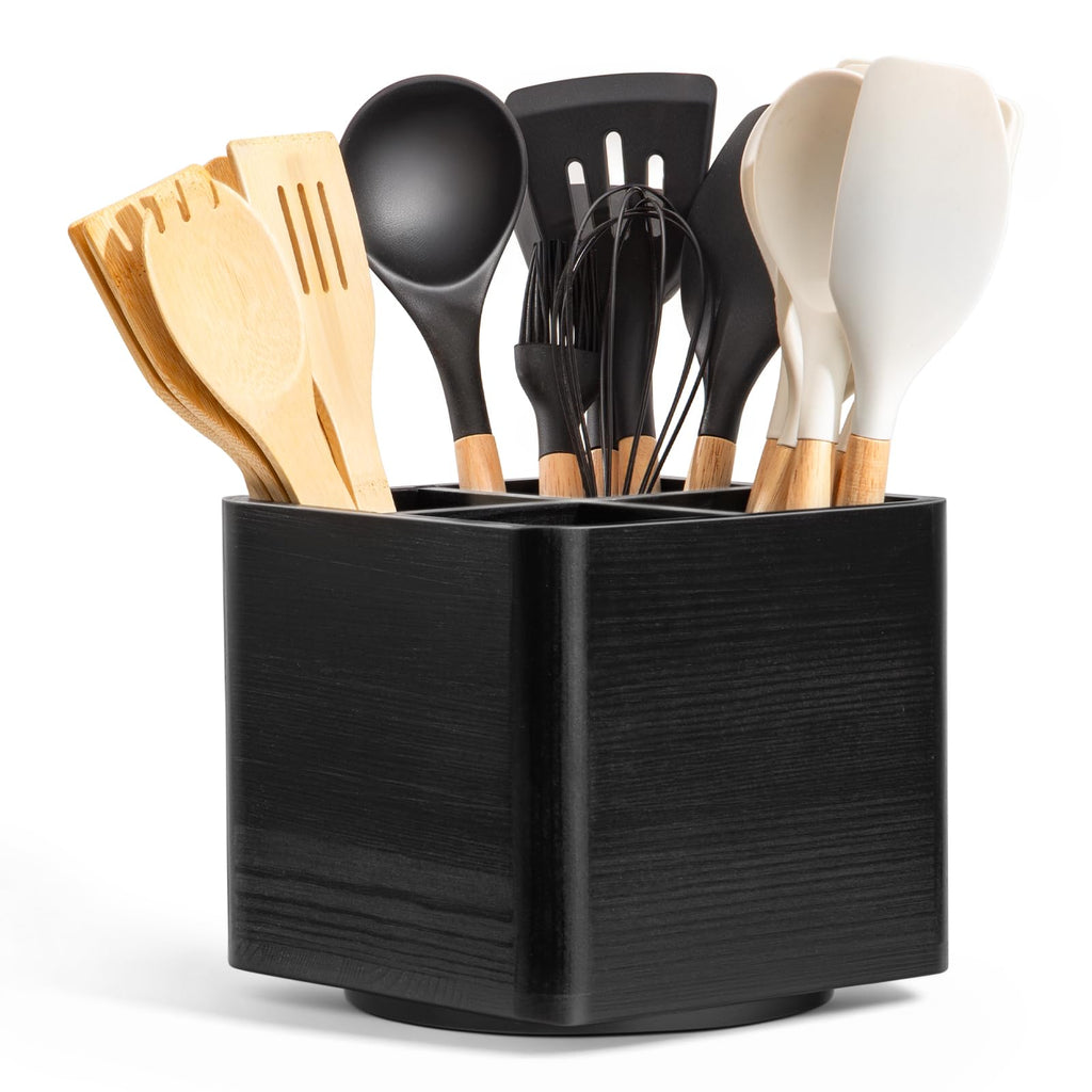 Extra Large Rotating Utensil Holder for Kitchen Counter, Large Wooden Utensil Holder with 4 Compartments, Black