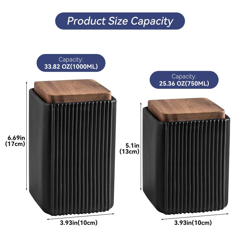 Ceramic Storage Jars Modern Elegant Polished Airtight Gorgeous Storage Canisters with Wooden Lid Small Food Stroage Jar for Kitchen Spice Tea Vanilla Sugar Coffee Beans (Black,Large size,17cm*10cm)