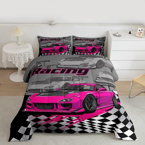 Pink Race Car Kids Comforter Set Twin Size,Racing Flag Black White Checkered Bedding Set,Boys Girls Adults Room Decor,Extreme Sports Games Down Comforter,Modern Fashion Duvet Insert,1 Pillowcase