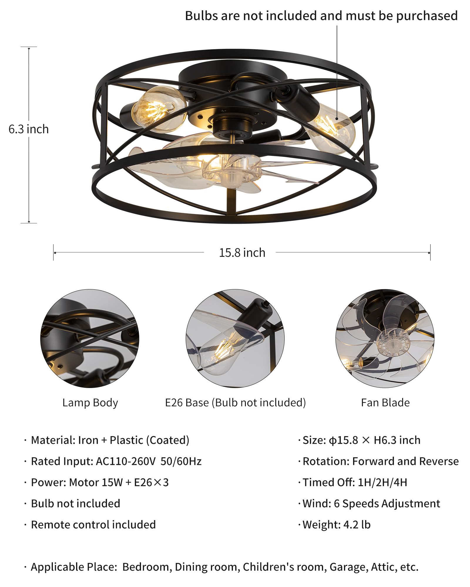 KDG 15.8″ Retro Low Profile LED Ceiling Fans with Light, Reversible Ceiling Fans Flush Mount with Remote and 6 Speeds, E26 Base Buld for Bedroom, Dinning Room, Kids Room, Kitchen