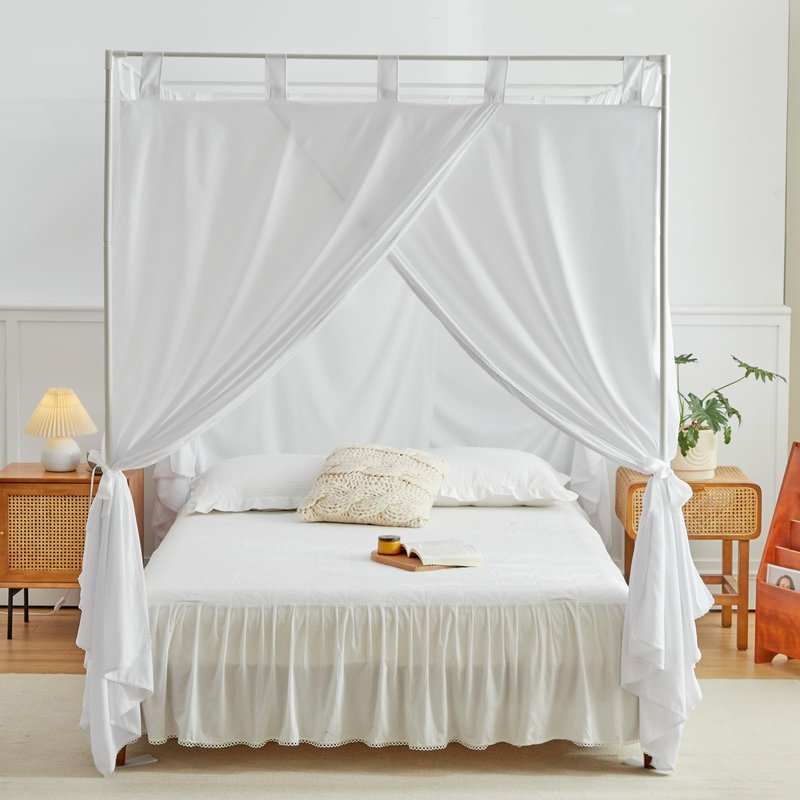 AIKASY White Canopy Bed Curtains with Top Ties and Tie Backs for Bedroom Decoration - Queen Size Bed Curtains with Windproof and Lightproof Features