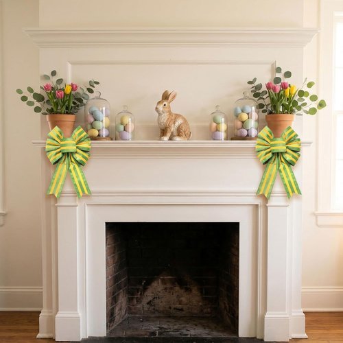 Hying Easter Wreath Bows - Yellow Green Stripes Burlap Decor for Front Door | 2 Pieces