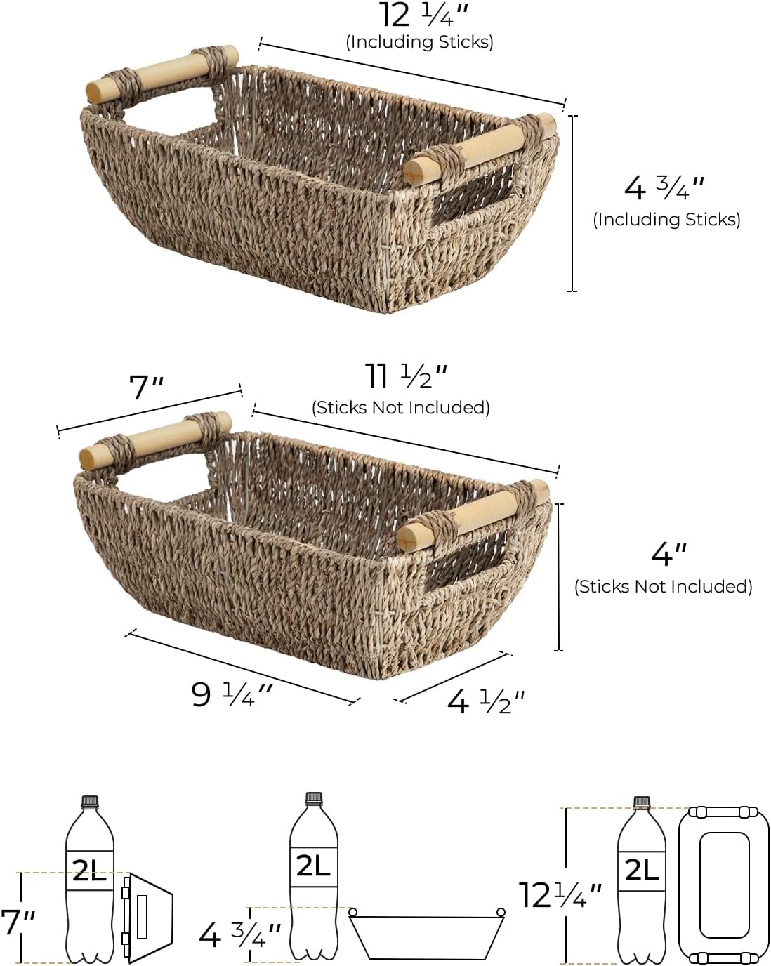 StorageWorks Seagrass Woven Baskets - Small Shelf Storage with Wooden Handles | 2-Pack
