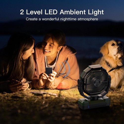 FRIZCOL 3-in-1 Camping Fan - Rechargeable Portable Fan with 24000mAh Battery & Light | Ideal for Outdoor Adventures - Green