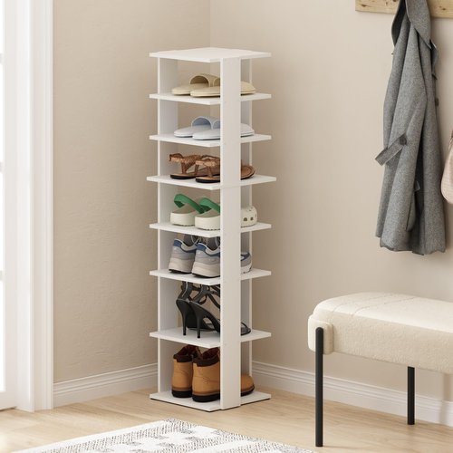 Furinno Compact Vertical Shoe Rack, 8-Tier Narrow Shoe Organizer, Free Standing Shoe Storage, Shoe Shelf for Boots, Sneakers, 12 x 12.6 x 46.7, for Closet, Entryway, Office, Garage, White