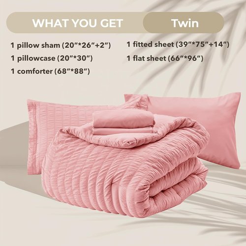 HYMOKEGE Twin Comforter Set - Luxury Rose Pink Seersucker Bedding | 5-Piece All-Season Bed in a Bag