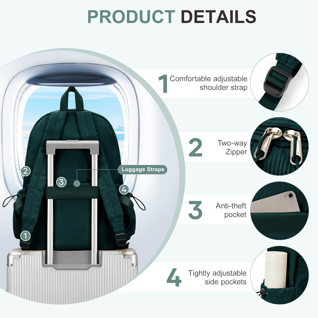 WEPOET School Backpack for Teens Boys Girls Cute Corduroy Bookbag Classic Casual High School Bag Lightweight College Backpack For Women Men(Green)