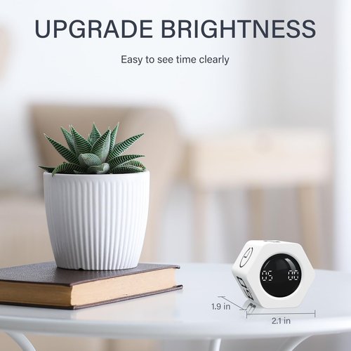 Rotating Pomodoro Timer 5, 25, 10 30,60 Mins Preset Stopwatch, Desk Flip ProductivityTimer, ADHD Tool Hexagon, Vibration/Mute/Alarm, for Work, Study, Back to School, Kitchen, White