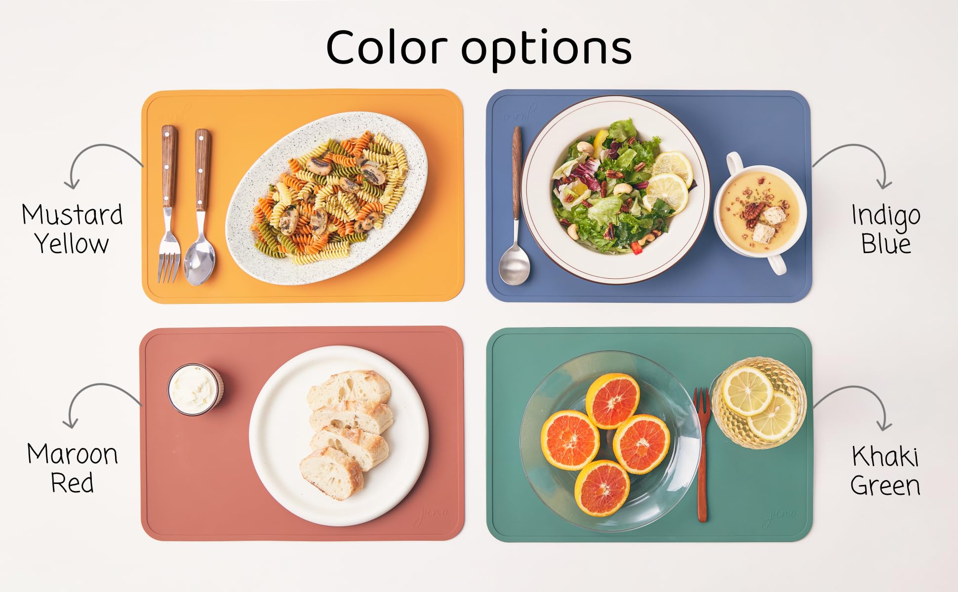 JUNO Silicone Placemat Set of 4 for Adults, Baby, Toddlers, Kids. Modern Design, Easy to Clean, Waterproof, Washable, Stain & Heat Resistant, Non-Slip, Food-Grade, 3mm Extra Thick