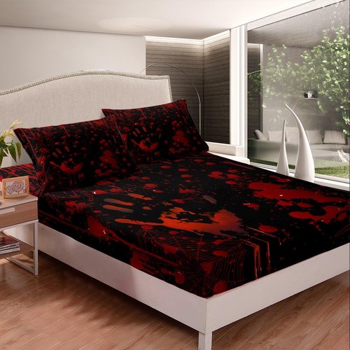 Red Blood Fingerprint Fitted Sheet Queen Size Black Spider Bedding Set Halloween Theme Sheet Set,Spider Web Bed Cover Ultra Soft Breathable Bedspread 3 Pcs for Kids Teens Boys No Flat Sheet