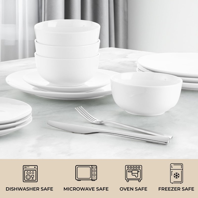 Zulay Kitchen Icon Porcelain Dinnerware Set, Service For 4 - Chip & Scratch Resistant White Plates And Bowls Sets - Microwave & Dishwasher Safe - White