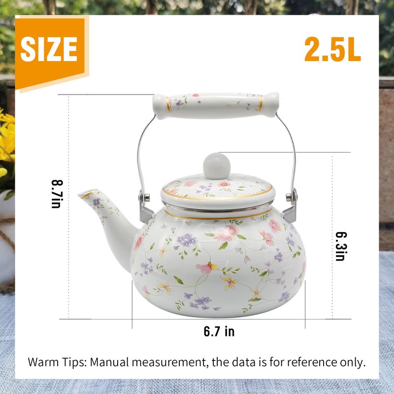 Saihisday Floral Teapot Enamel Afternoon 2.5L Tea Kettle For Stovetop, Large Flowered Tea Kettle with Ceramic Handel for Afternoon Tea Wedding Party Housewarming Gift