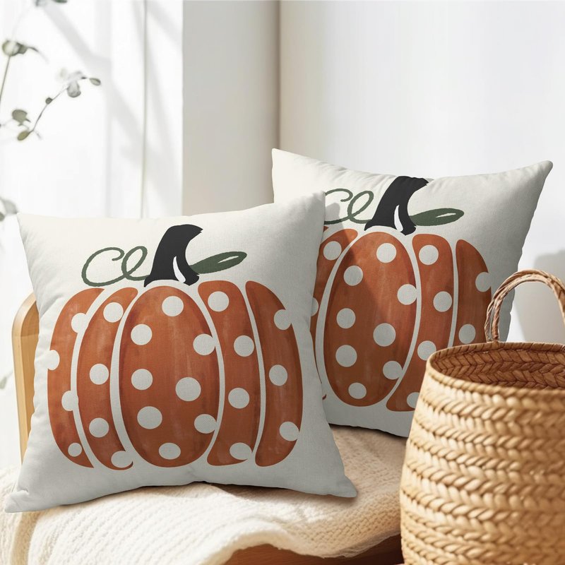 Fall Pumpkin Throw Pillow Cover 18x18 Inch Set of 2 Autumn Orange Pumpkin Outdoor Pillow Cases Polka Dot Beige Thanksgiving Farmhouse Square Cushion Covers for Sofa Couch Porch Patio Home Decor
