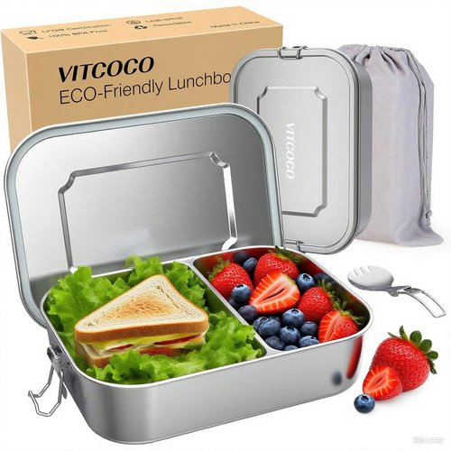 VITCOCO Stainless Steel Lunch Box, 27oz/800ml Metal Bento Box, Partitionable Stainless Steel Food Storage Container with Lockable Clip, Leak-proof, Dishwasher-Safe Snack Box for Travel, Work