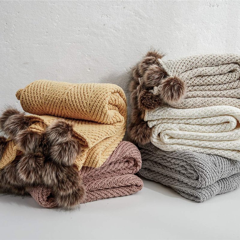 vctops Fur Pom Pom Knit Throw Blanket Super Soft Warm Cozy Cable Knitted Blanket for Sofa and Couch 51 x 63 Inch Mustard Yellow