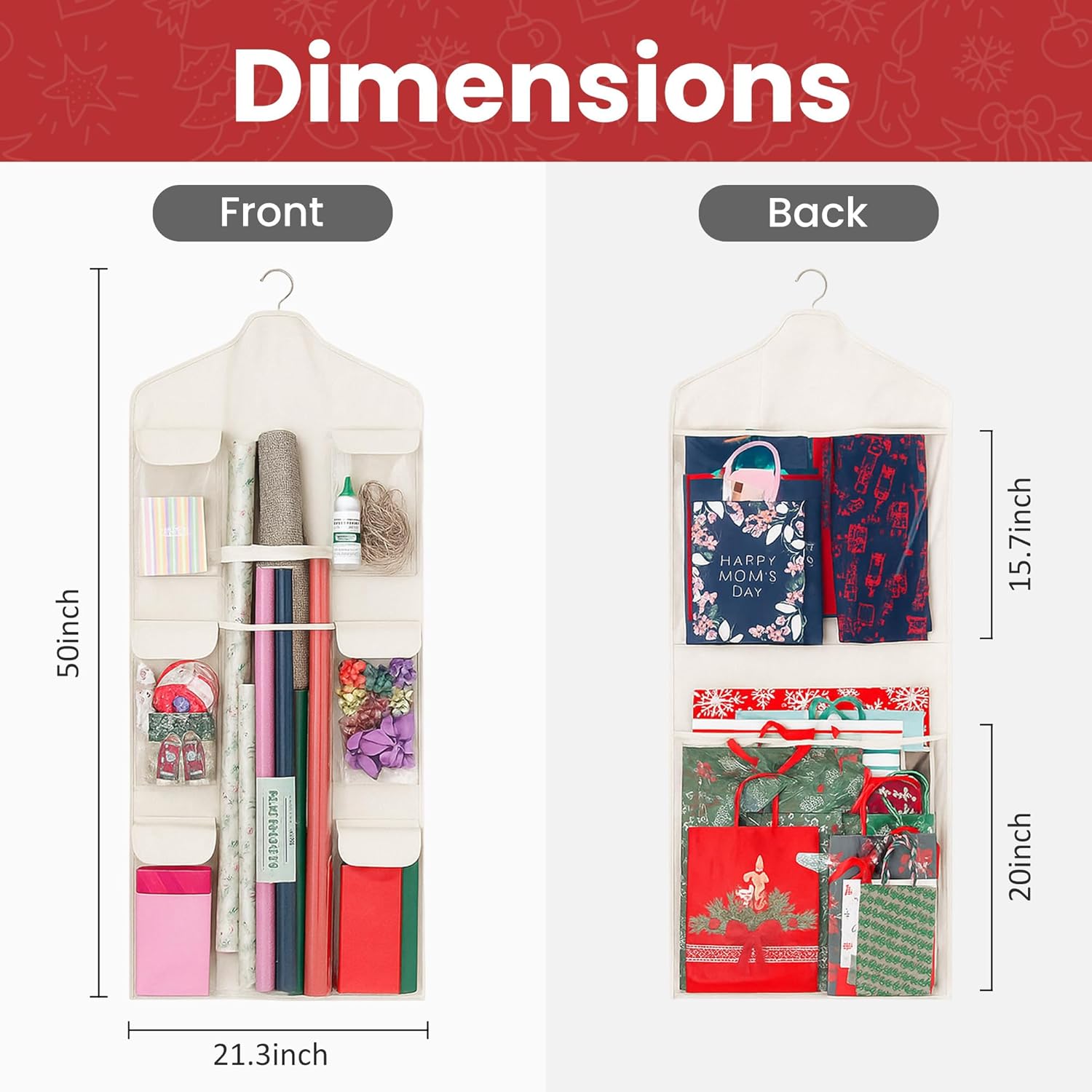 Wrapping Paper Organizer - Double-Sided Gift Wrap Holder with Wooden Hanger | Over the Door Storage for Christmas & Special Occasions