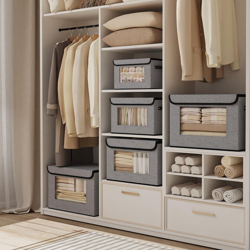 YheenLf Cloth Storage Boxes, Storage Bins with Lids, 17.7 x 11.8 x 11.8 Inch Closet Organizers for Shelves Bedroom Office Organization, Gray, 5-Pack