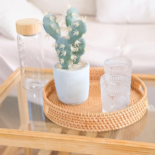 14'' Decorative Serving Tray, Natural Round Rattan Tray with 2 Handles, Hand Woven Tray for Coffee Table, Fruit, Remote Controls, Keys and Home Decor