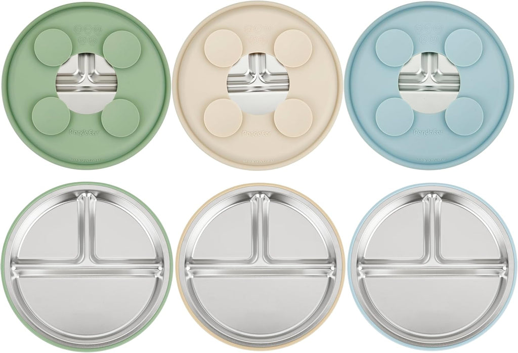 PandaEar Stainless Steel Baby Suction Plates - Divided Toddler Feeding Set | Dishwasher Safe (Blue/Green/Brown)
