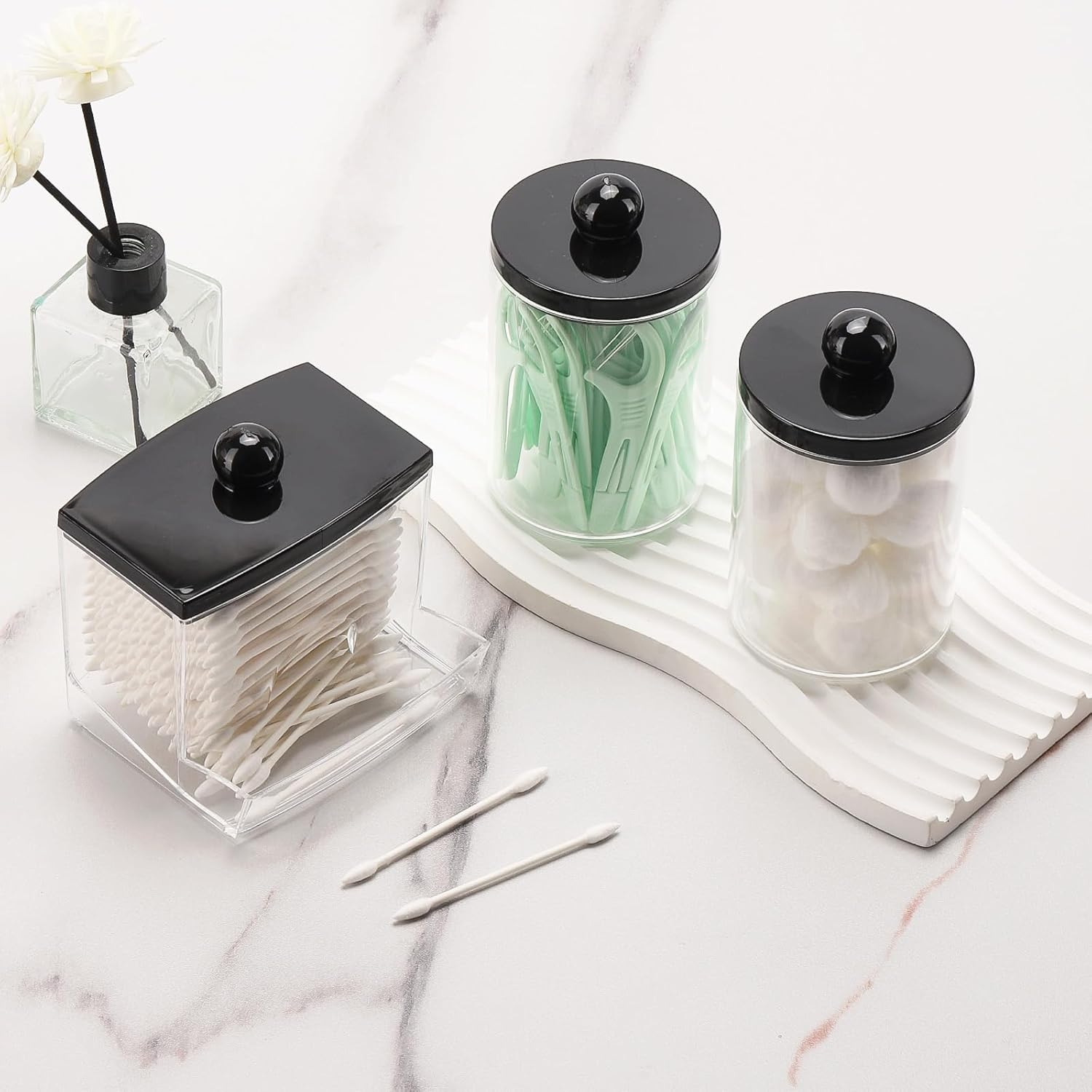 Tbestmax Cotton Ball Holder - 10oz Apothecary Jar Organizer for Bathroom | Q-Tips & Swabs Storage with Black Lid