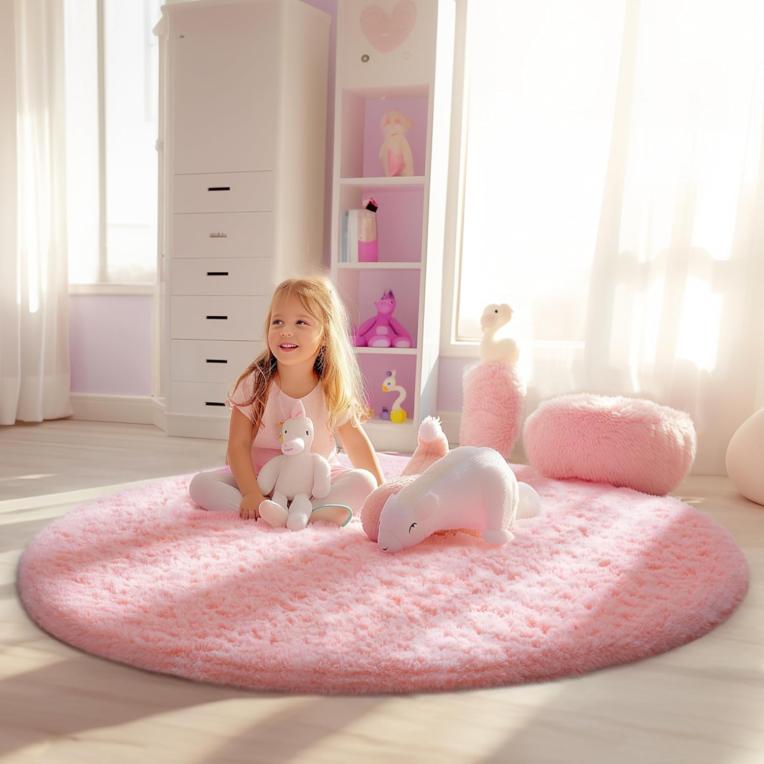 Ophanie Soft Fluffy Shaggy Rug - Pale Pink 4' Round for Bedroom, Living Room & Nursery Decor