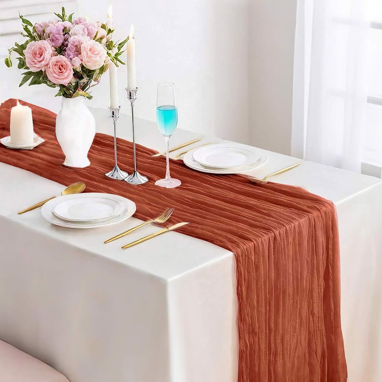 Terracotta Cheesecloth Table Runner - 13.3Ft Burnt Orange Boho Rustic Decor for Weddings & Holidays