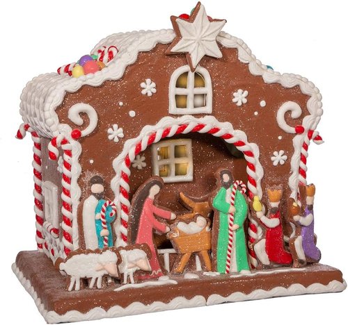 Kurt S. Adler 12.5-Inch Light-Up Nativity Gingerbread House | Battery-Operated Holiday Decor