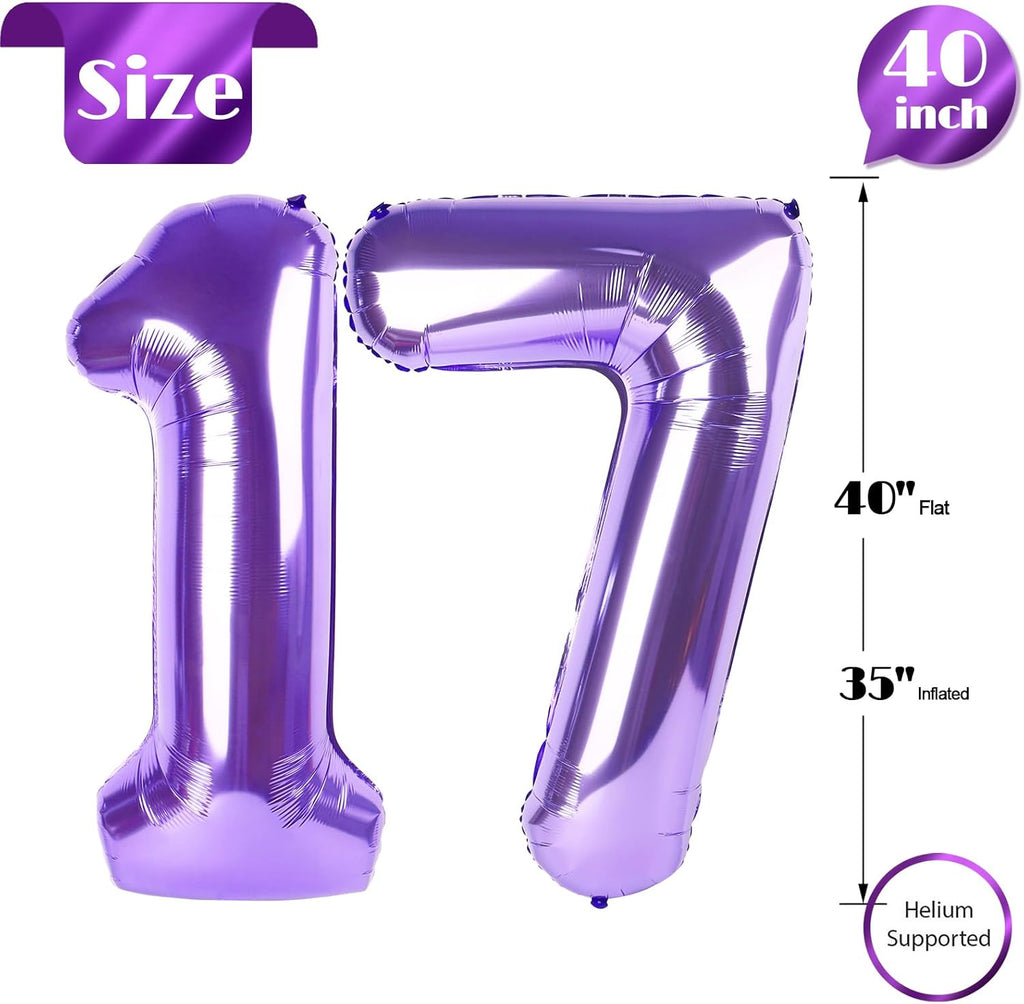 Purple Number 17 Balloon - 40 Inch 17th Birthday Decoration for Girls & Boys Party Supplies
