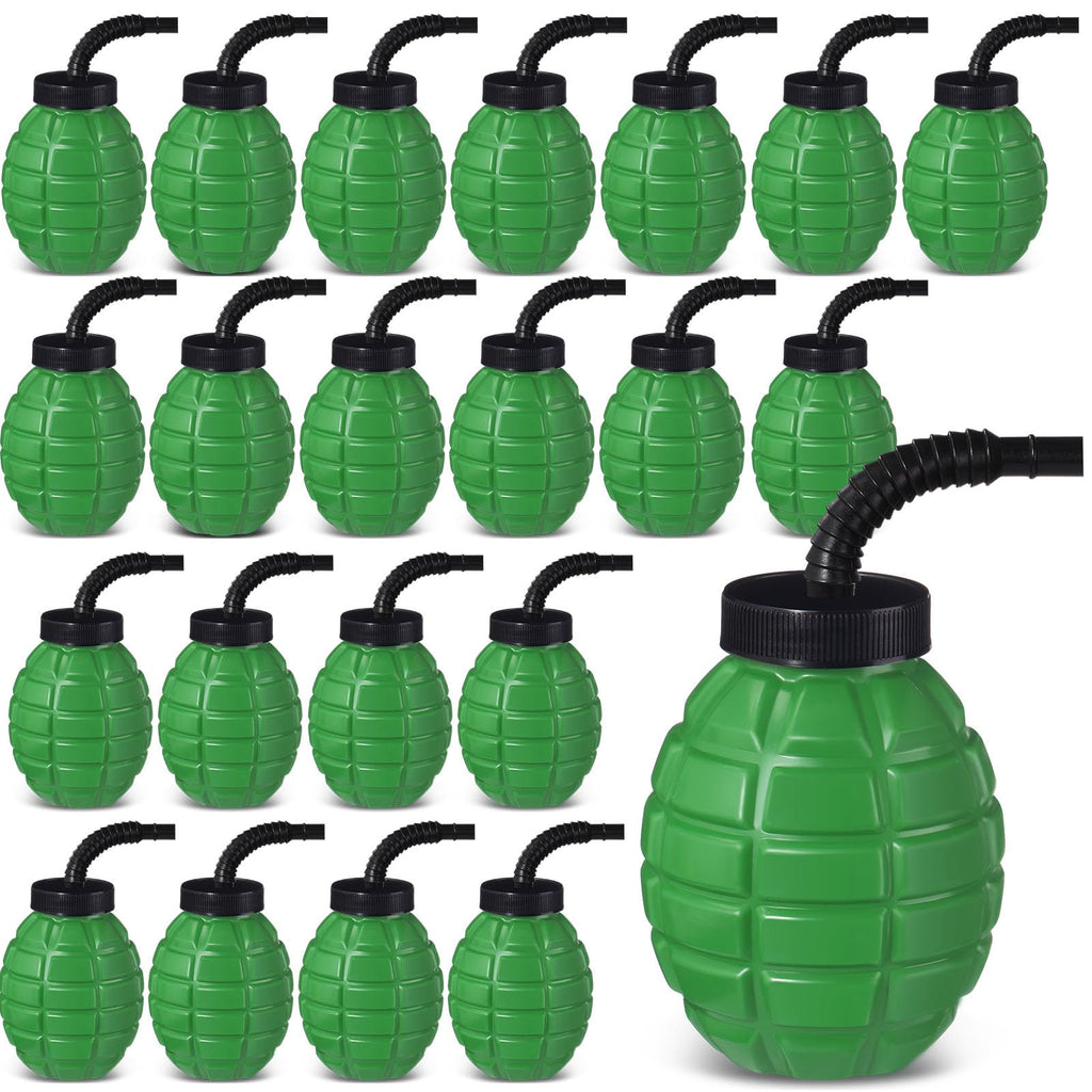Tanlade Army Birthday Party Camo Party Supplies Grenade Cups with Straws and Lids, 10 oz Plastic Grenade Shape Cup Reusable Cups Bulk for Army Soldier Camouflage(24 Pcs)