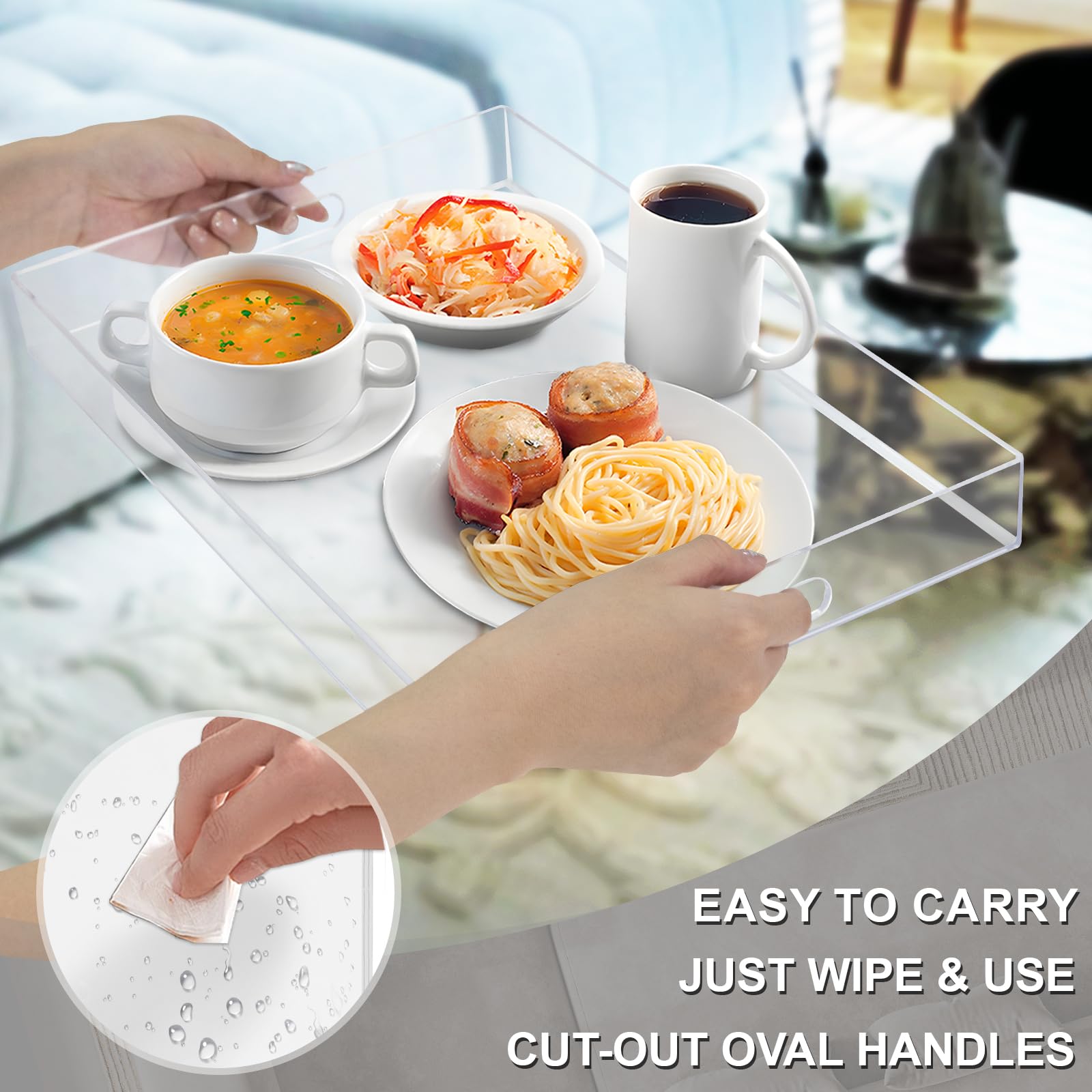 MAONAME Clear Serving Tray with Handles, Plastic Clear Tray, Rectangle Decorative Trays for Coffee Table, Ottoman, Bathroom, Vanity, 15.7" Lx 10.2" W X 1.57" H