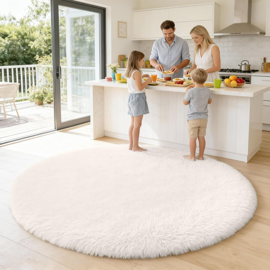 OLANLY Ivory Round Area Rug - Soft, Fluffy, Machine Washable 6 ft Circle Carpet for Bedroom & Living Room Decor